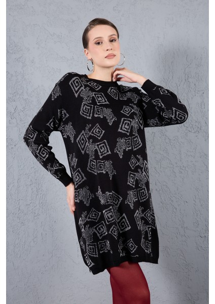 Kadın Siyah Yan Yırtmaçlı Bisiklet Yaka Sim Desenli Triko Bluz fiyatları