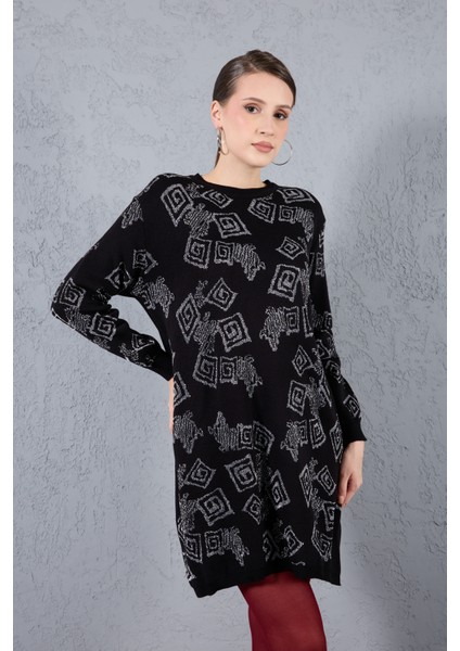 Kadın Siyah Yan Yırtmaçlı Bisiklet Yaka Sim Desenli Triko Bluz modelleri