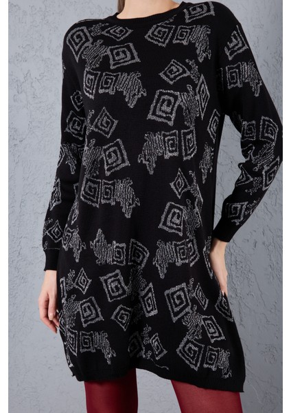 Kadın Siyah Yan Yırtmaçlı Bisiklet Yaka Sim Desenli Triko Bluz fırsatları