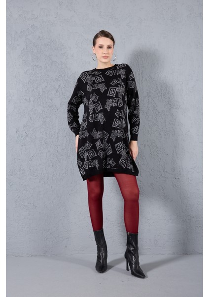 Kadın Siyah Yan Yırtmaçlı Bisiklet Yaka Sim Desenli Triko Bluz indirimleri