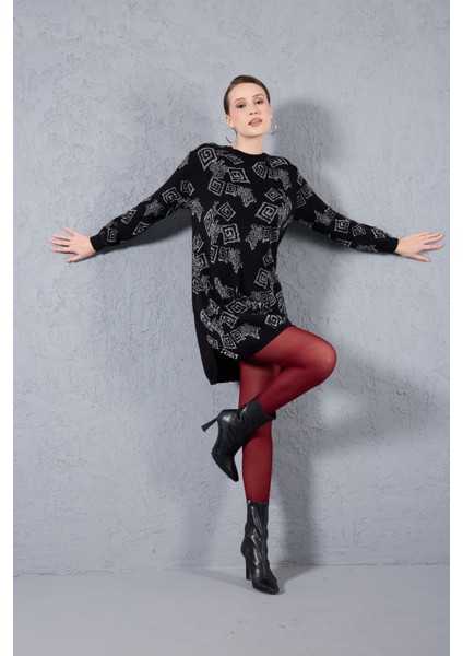 Kadın Siyah Yan Yırtmaçlı Bisiklet Yaka Sim Desenli Triko Bluz