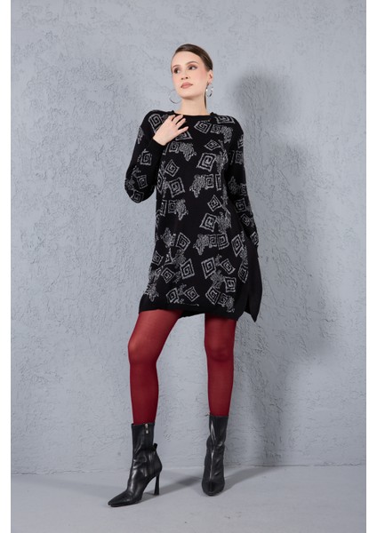 Kadın Siyah Yan Yırtmaçlı Bisiklet Yaka Sim Desenli Triko Bluz