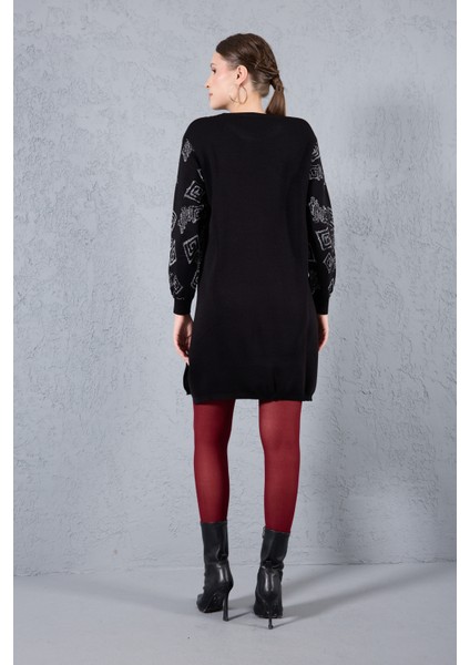 Kadın Siyah Yan Yırtmaçlı Bisiklet Yaka Sim Desenli Triko Bluz