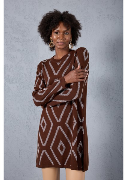 Kadın Acı Kahve Yan Yırtmaçlı Bisiklet Yaka Sim Desenli Triko Bluz