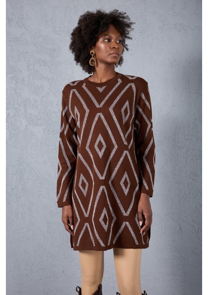 Kadın Acı Kahve Yan Yırtmaçlı Bisiklet Yaka Sim Desenli Triko Bluz fiyatları