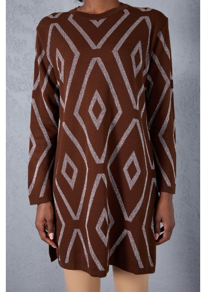 Kadın Acı Kahve Yan Yırtmaçlı Bisiklet Yaka Sim Desenli Triko Bluz modelleri