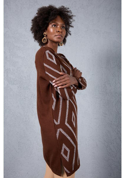 Kadın Acı Kahve Yan Yırtmaçlı Bisiklet Yaka Sim Desenli Triko Bluz fırsatları