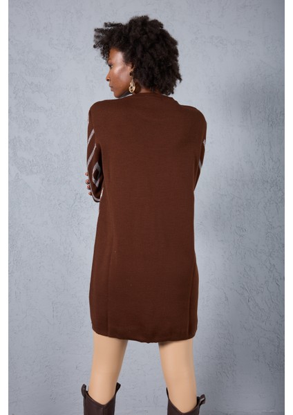 Kadın Acı Kahve Yan Yırtmaçlı Bisiklet Yaka Sim Desenli Triko Bluz indirimleri