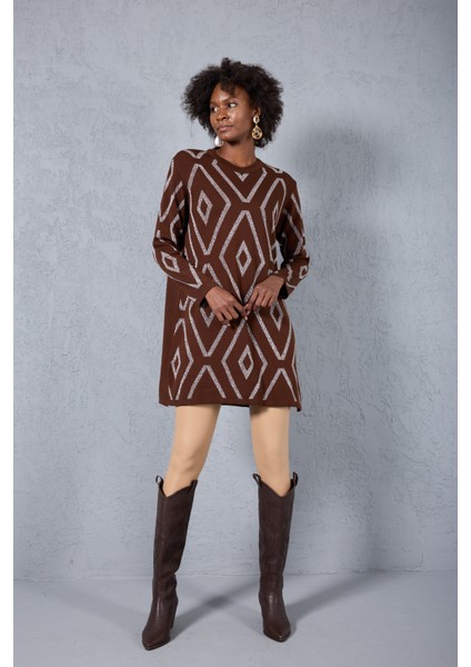 Kadın Acı Kahve Yan Yırtmaçlı Bisiklet Yaka Sim Desenli Triko Bluz