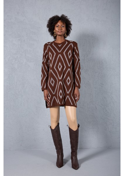 Kadın Acı Kahve Yan Yırtmaçlı Bisiklet Yaka Sim Desenli Triko Bluz