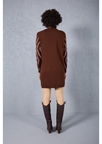 Kadın Acı Kahve Yan Yırtmaçlı Bisiklet Yaka Sim Desenli Triko Bluz