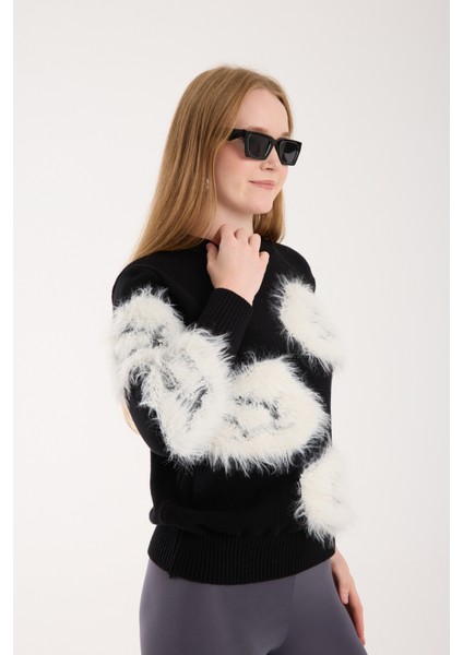 Kadın Siyah-Beyaz Sakal Iplik Bisiklet Yaka Triko Kazak fiyatları