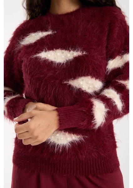 Kadın Bordo Sakal Iplik Taş ve Inci Detaylı Bisiklet Yaka Triko Kazak modelleri