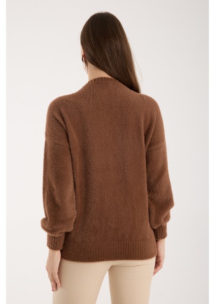 Kadın Kahve Sakal Iplik Balon Kollu Boncuk Nakışlı V Yaka Triko Kazak indirimleri