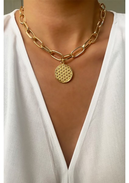 Yaşam Ağaç Kalın Geçme Zincir Gold Kolye