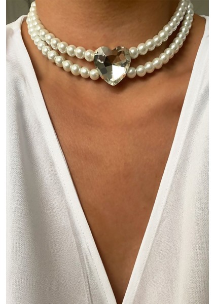 Kalp Kristal Çift Sıralı Cam Inci Kolye