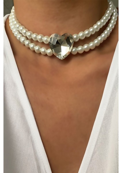 Kalp Kristal Çift Sıralı Cam Inci Kolye fiyatları