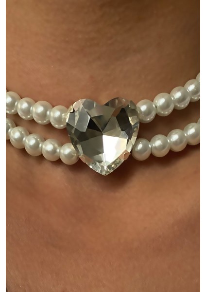 Kalp Kristal Çift Sıralı Cam Inci Kolye modelleri