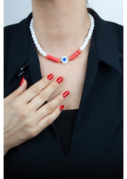 Nazar Boncuklu Oniks ve Mercan Doğaltaş Kolye