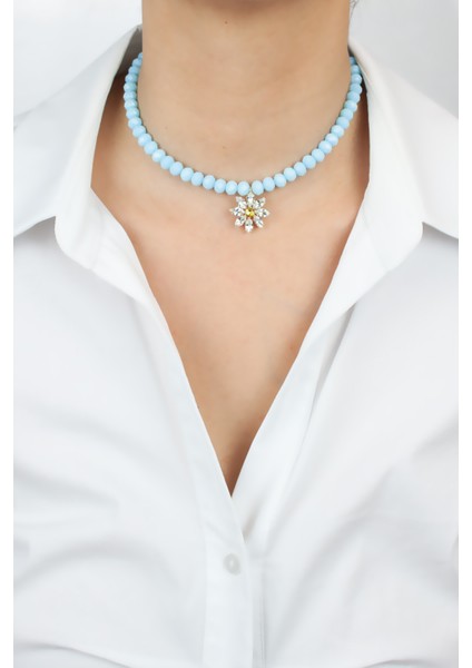 Çiçek Figür Kristal Uçlu Mavi Kolye modelleri