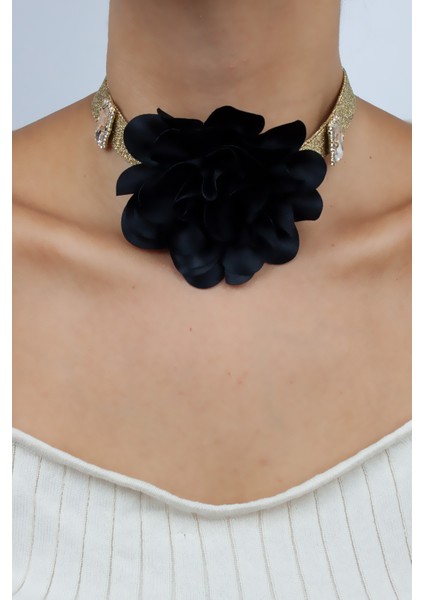 Siyah Gül Detay Kristal Taşlı Kolye fiyatları