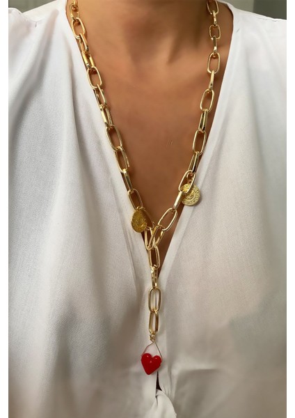 Lira ve Kalp Detay Uzun Gold Kolye