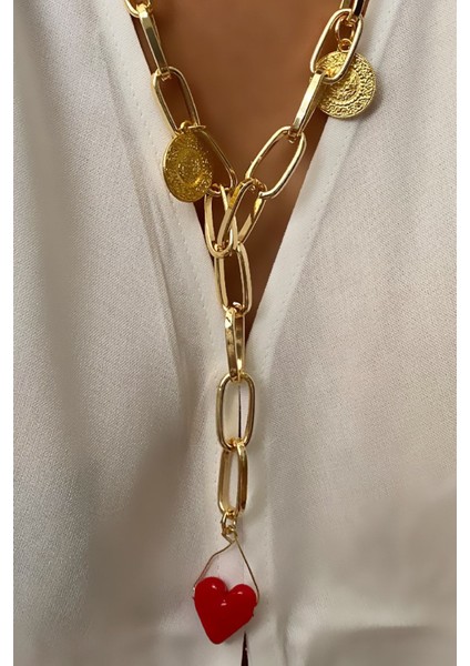 Lira ve Kalp Detay Uzun Gold Kolye fiyatları