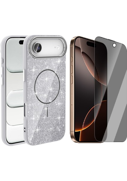 iPhone 17 Air Kılıf M-Safe Şarj Özellikli Parlayan Simli Zore Okso Kapak + Hayalet Ekran Koruyucu