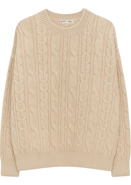 6986 Kadın Oversize Saç Örgü Yumuşak Dokulu Triko Kazak Bej