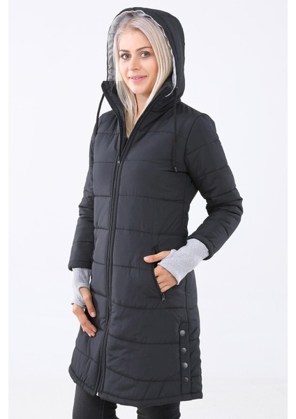 Kışlık Kapüşonlu Eldiven Detaylı Kadın Şişme Mont