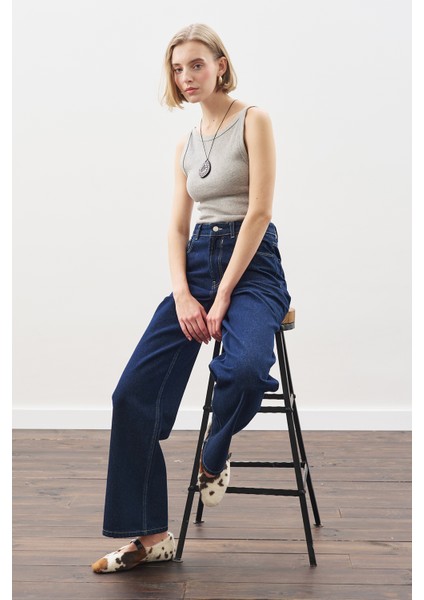 Dikiş Detaylı Geniş Denim Pantolon Indigo