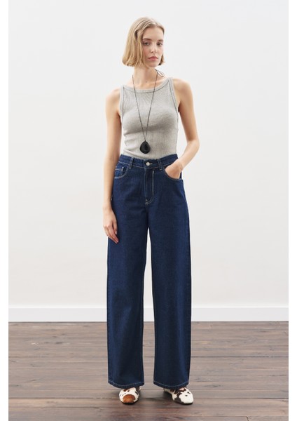 Dikiş Detaylı Geniş Denim Pantolon Indigo fırsatları