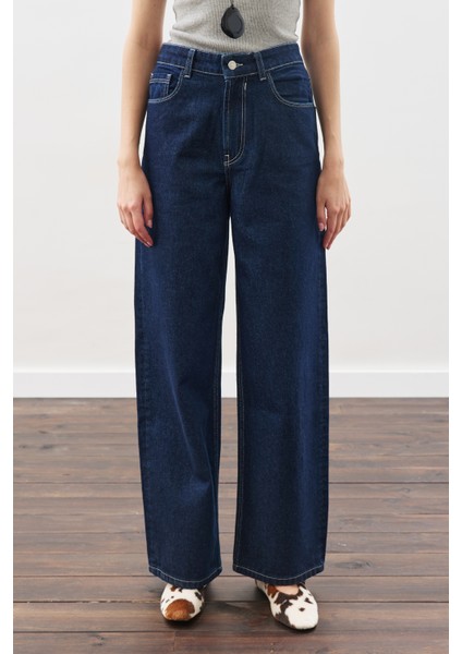 Dikiş Detaylı Geniş Denim Pantolon Indigo indirimleri