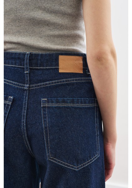 Dikiş Detaylı Geniş Denim Pantolon Indigo