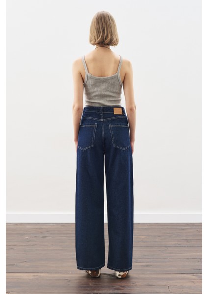 Dikiş Detaylı Geniş Denim Pantolon Indigo