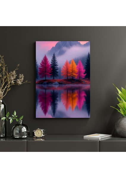 Hd Digital Baskı Doğa Renkli Ağaç Dağ Sisli Hava Nehir Sonbahar Kanvas Duvar Tablosu modelleri