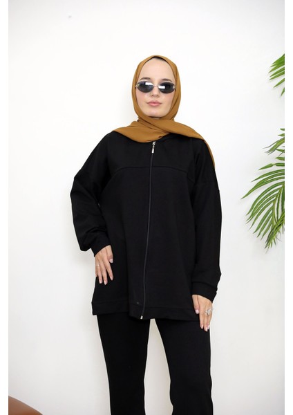 Kapşonlu Fermuar Detay Hırka-Siyah