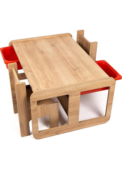 2 Kişilik Çekmeceli Oyun, Aktivite, Etkinlik Masası, Ceviz-Kırmızı, 18MM Mdf