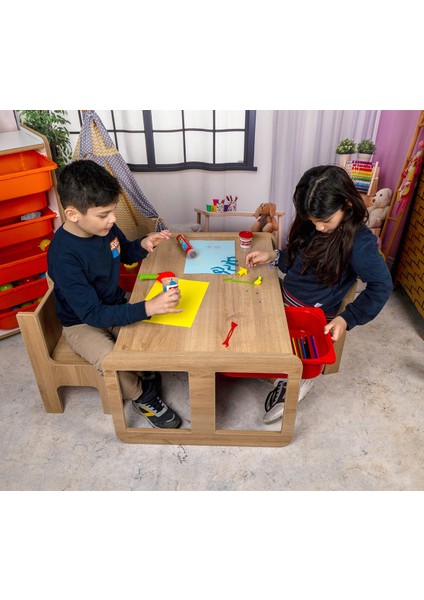 2 Kişilik Çekmeceli Oyun, Aktivite, Etkinlik Masası, Ceviz-Kırmızı, 18MM Mdf fırsatları