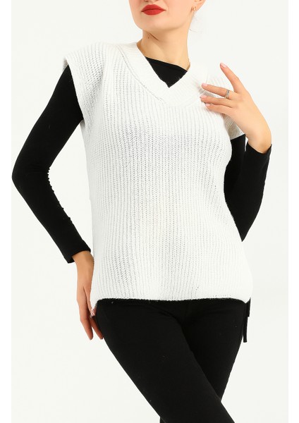 Kadın V Yaka Oversize Basic Kare Desenli Fitilli Triko Kazak - 6542 modelleri