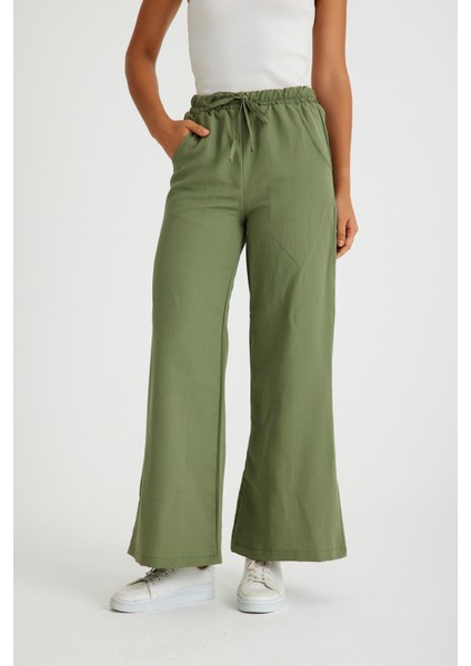 Tasarım Beli Lastikli Bağcıklı Keten Günlük Pantolon