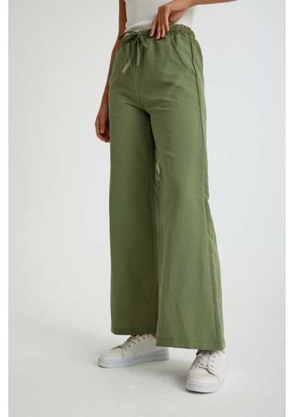 Tasarım Beli Lastikli Bağcıklı Keten Günlük Pantolon