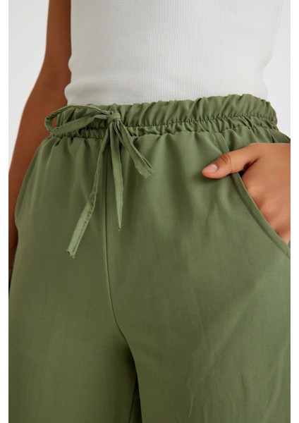 Tasarım Beli Lastikli Bağcıklı Keten Günlük Pantolon