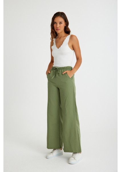 Tasarım Beli Lastikli Bağcıklı Keten Günlük Pantolon