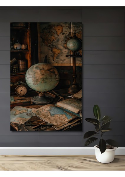Ahşap Tablo Dünya Haritası ve Antika Obje Yağlı Boya Görünümlü Sanat Eseri Dikdörtgen Tablo