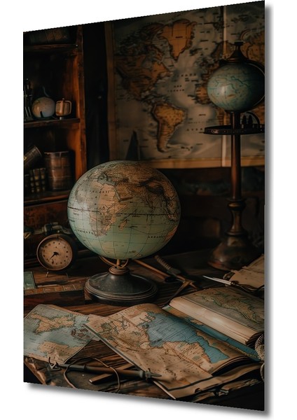 Ahşap Tablo Dünya Haritası ve Antika Obje Yağlı Boya Görünümlü Sanat Eseri Dikdörtgen Tablo modelleri