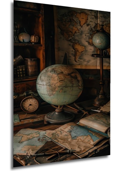 Ahşap Tablo Dünya Haritası ve Antika Obje Yağlı Boya Görünümlü Sanat Eseri Dikdörtgen Tablo fırsatları