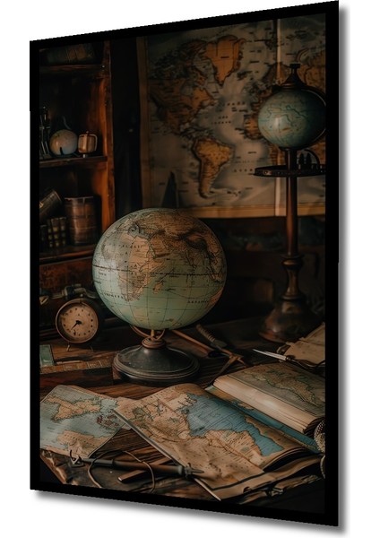 Ahşap Tablo Dünya Haritası ve Antika Obje Yağlı Boya Görünümlü Sanat Eseri Dikdörtgen Tablo indirimleri