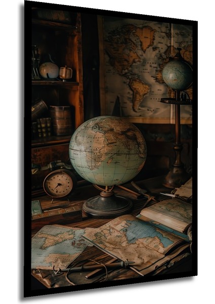Ahşap Tablo Dünya Haritası ve Antika Obje Yağlı Boya Görünümlü Sanat Eseri Dikdörtgen Tablo