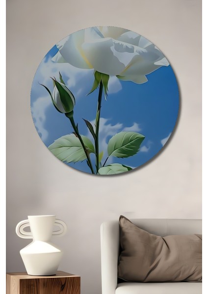 Beyaz Gül Tablosu Sulu Boya Görünümlü Yuvarlak Tablo